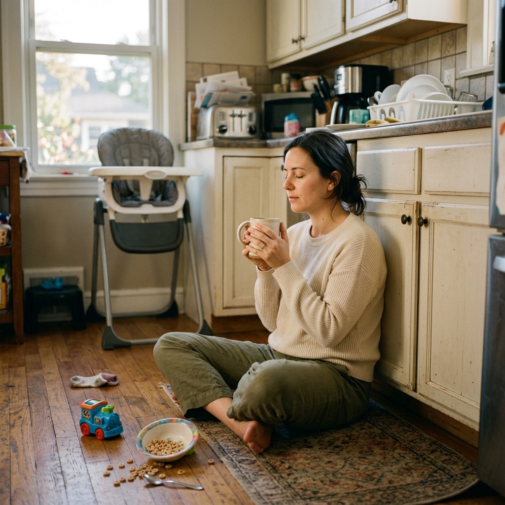 A mother mid reset on the kitchen floor